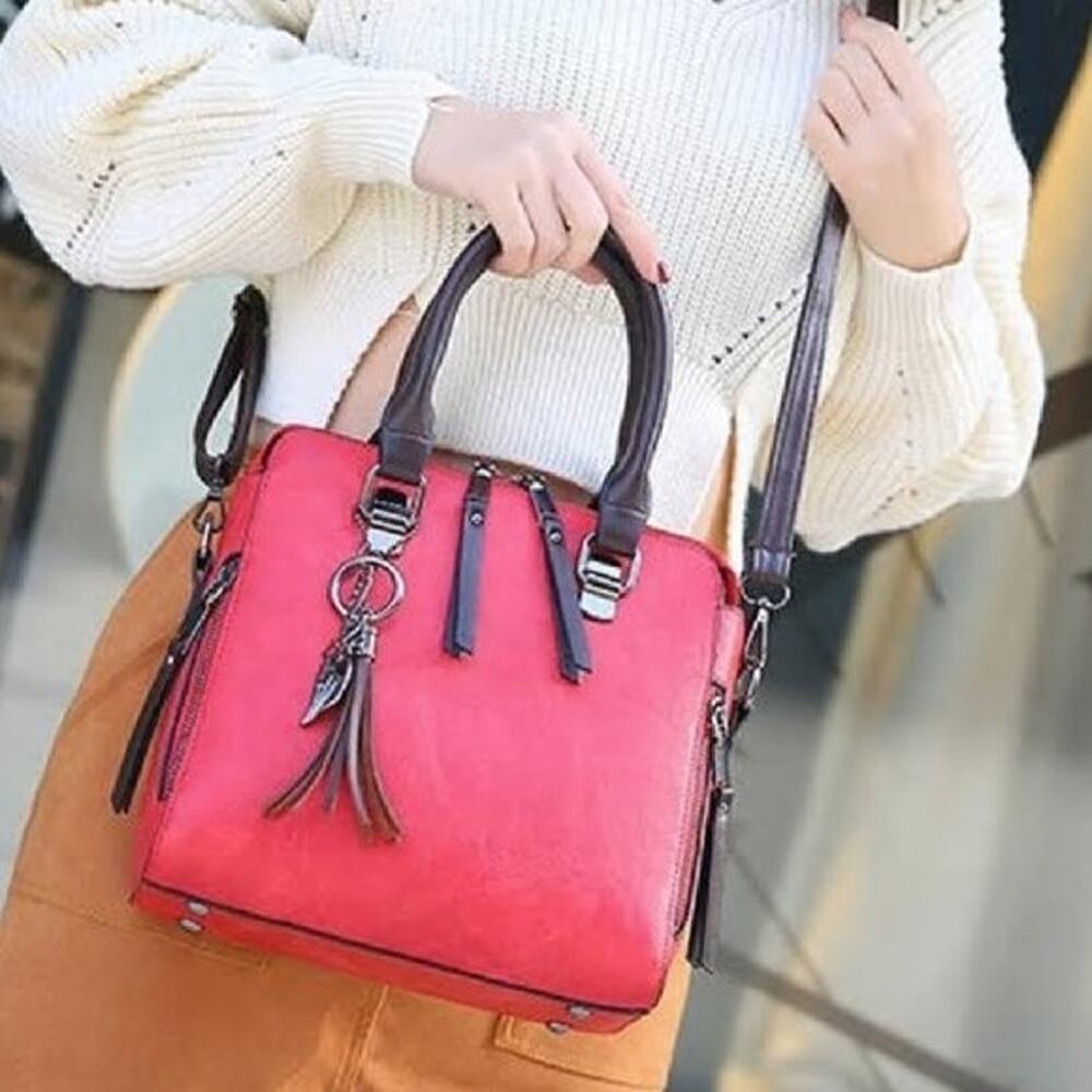 Red Wine plaid fur ball pendant large capacity handbag - Picture 2 of 5